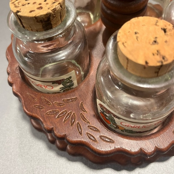 Vintage Wooden Spice Caddy Rack with Glass Jars Cork Lids Farmhouse Rustic - Picture 2 of 6